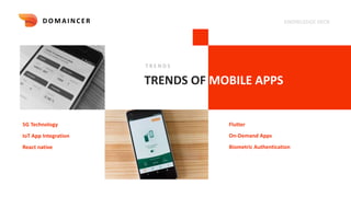 KNOWLEDGE DECK
TRENDS OF MOBILE APPS
T R E N D S
5G Technology Flutter
DOMAI NCER
IoT App Integration
React native
On-Demand Apps
Biometric Authentication
 