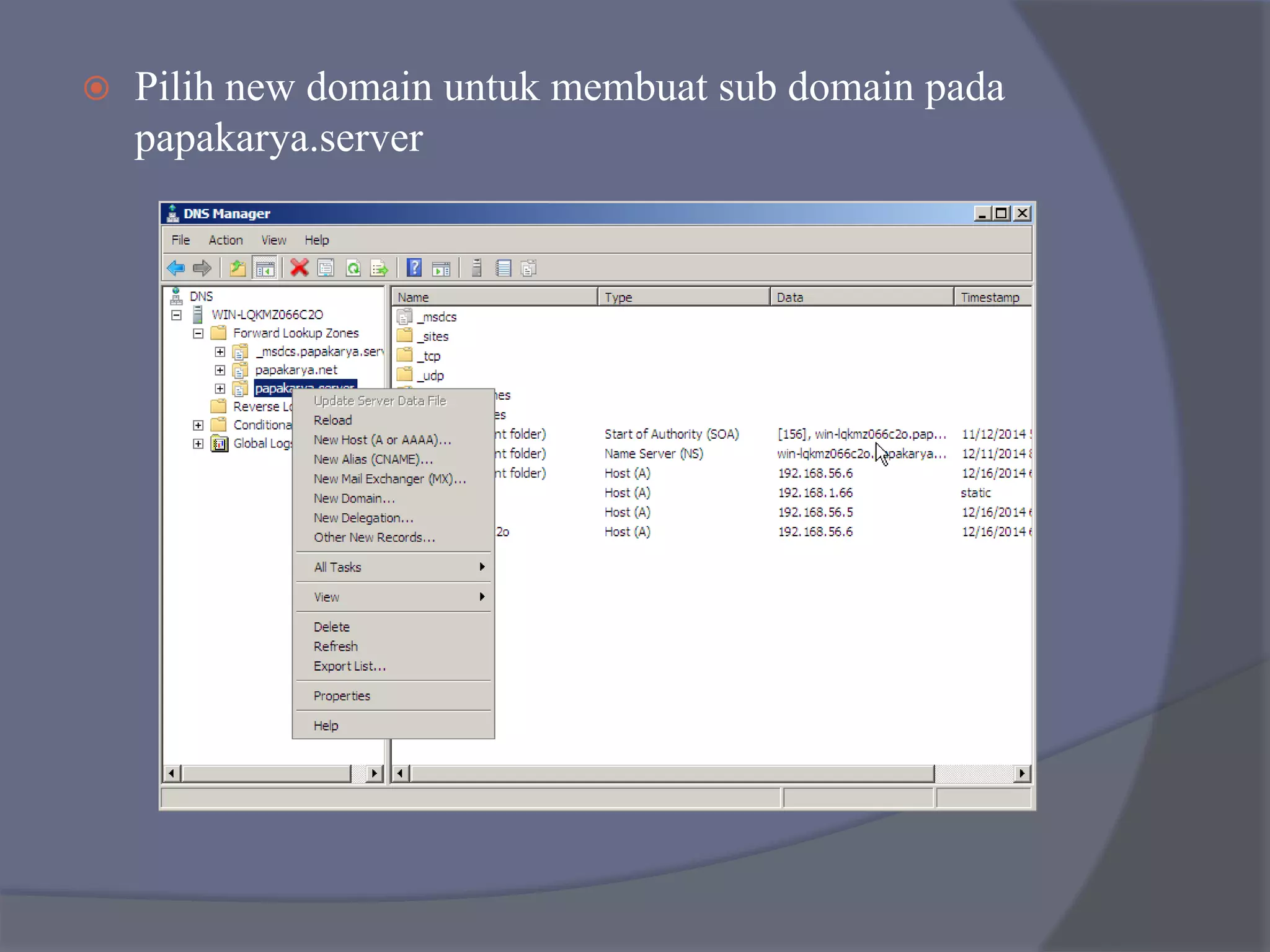 Pilih new domain untuk membuat sub domain pada
papakarya.server
 