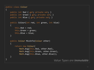 publicclassEmployee : IEquatable<Employee>{publicbool Equals(Employee other)    {returnthis.Id.Equals(other.Id);    }}Entities are the same if they have the same identitypublicclassPostalAddress : IEquatable<PostalAddress>{publicbool Equals(PostalAddress other)    {returnthis.Number.Equals(other.Number)            && this.Street.Equals(other.Street)            && this.PostCode.Equals(other.PostCode)            && this.Country.Equals(other.Country);    }}Value Types are the same if they have the same value