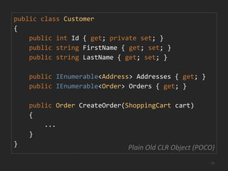 …ordinary  classes where you focus on the business problem at hand without adding stuff for infrastructure-related reasons… nothing else should be in the Domain Model.