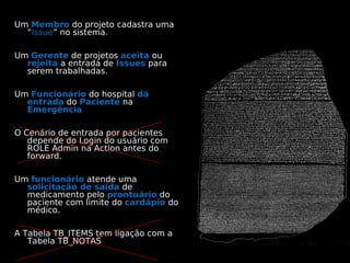 Um Membro do projeto cadastra uma
  “Issue” no sistema.

Um Gerente de projetos aceita ou
  rejeita a entrada de Issues para
  serem trabalhadas.

Um Funcionário do hospital dá
  entrada do Paciente na
  Emergência.

O Cenário de entrada por pacientes
   depende do Login do usuário com
   ROLE Admin na Action antes do
   forward.

Um funcionário atende uma
  solicitação de saída de
  medicamento pelo prontuário do
  paciente com limite do cardápio do
  médico.

A Tabela TB_ITEMS tem ligação com a
   Tabela TB_NOTAS
 