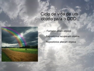 Ciclo de vida de um
objeto para o DDD:

  - Factories criam objetos

  - Repositórios recuperam objetos

  - Repositórios alteram objetos
 