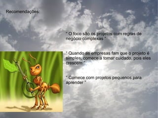 Recomendações:




                 “ O foco são os projetos com regras de
                 negócio complexas ”


                 “ Quando as empresas fam que o projeto é
                 simples, comece a tomar cuidado, pois eles
                 crescem ”


                 “ Comece com projetos pequenos para
                 aprender ”
 