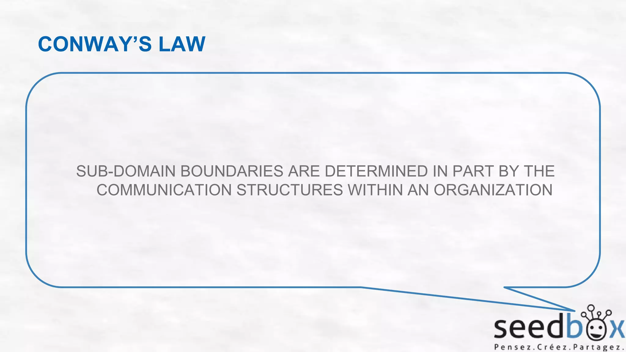 CONWAY’S LAW

SUB-DOMAIN BOUNDARIES ARE DETERMINED IN PART BY THE
COMMUNICATION STRUCTURES WITHIN AN ORGANIZATION

 