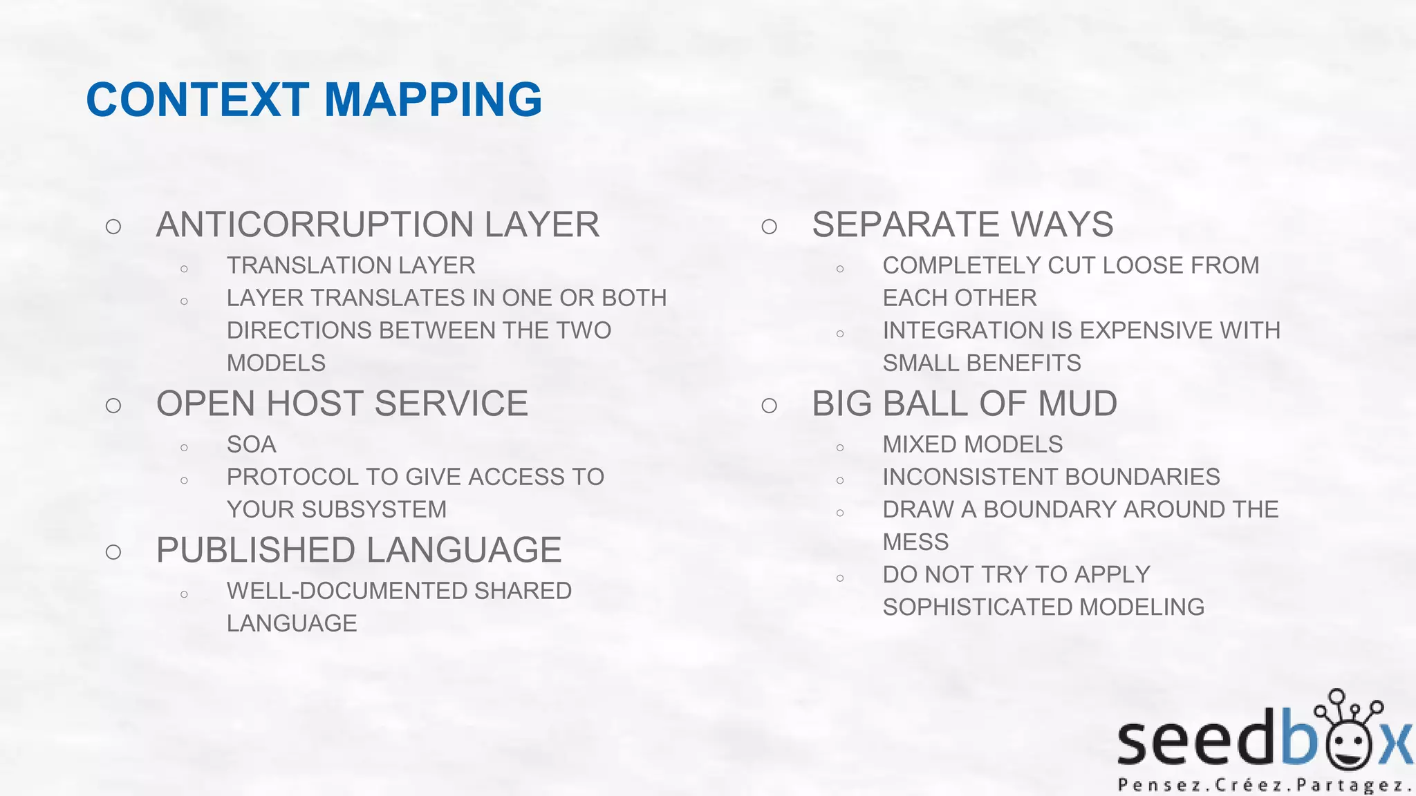 CONTEXT MAPPING
○ ANTICORRUPTION LAYER
○
○

TRANSLATION LAYER
LAYER TRANSLATES IN ONE OR BOTH
DIRECTIONS BETWEEN THE TWO
MODELS

○ OPEN HOST SERVICE
○
○

SOA
PROTOCOL TO GIVE ACCESS TO
YOUR SUBSYSTEM

○ PUBLISHED LANGUAGE
○

WELL-DOCUMENTED SHARED
LANGUAGE

○ SEPARATE WAYS
○

○

COMPLETELY CUT LOOSE FROM
EACH OTHER
INTEGRATION IS EXPENSIVE WITH
SMALL BENEFITS

○ BIG BALL OF MUD
○
○
○

○

MIXED MODELS
INCONSISTENT BOUNDARIES
DRAW A BOUNDARY AROUND THE
MESS
DO NOT TRY TO APPLY
SOPHISTICATED MODELING

 