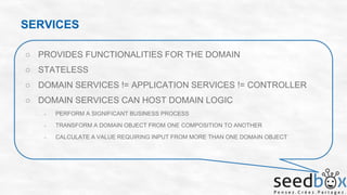 SERVICES
○ PROVIDES FUNCTIONALITIES FOR THE DOMAIN
○ STATELESS
○ DOMAIN SERVICES != APPLICATION SERVICES != CONTROLLER
○ DOMAIN SERVICES CAN HOST DOMAIN LOGIC
○

PERFORM A SIGNIFICANT BUSINESS PROCESS

○

TRANSFORM A DOMAIN OBJECT FROM ONE COMPOSITION TO ANOTHER

○

CALCULATE A VALUE REQUIRING INPUT FROM MORE THAN ONE DOMAIN OBJECT

 