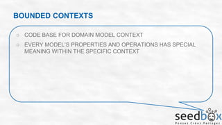 BOUNDED CONTEXTS
○ CODE BASE FOR DOMAIN MODEL CONTEXT
○ EVERY MODEL’S PROPERTIES AND OPERATIONS HAS SPECIAL
MEANING WITHIN THE SPECIFIC CONTEXT

 
