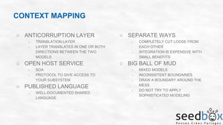 CONTEXT MAPPING
○ ANTICORRUPTION LAYER
○
○

TRANSLATION LAYER
LAYER TRANSLATES IN ONE OR BOTH
DIRECTIONS BETWEEN THE TWO
MODELS

○ OPEN HOST SERVICE
○
○

SOA
PROTOCOL TO GIVE ACCESS TO
YOUR SUBSYSTEM

○ PUBLISHED LANGUAGE
○

WELL-DOCUMENTED SHARED
LANGUAGE

○ SEPARATE WAYS
○

○

COMPLETELY CUT LOOSE FROM
EACH OTHER
INTEGRATION IS EXPENSIVE WITH
SMALL BENEFITS

○ BIG BALL OF MUD
○
○
○

○

MIXED MODELS
INCONSISTENT BOUNDARIES
DRAW A BOUNDARY AROUND THE
MESS
DO NOT TRY TO APPLY
SOPHISTICATED MODELING

 