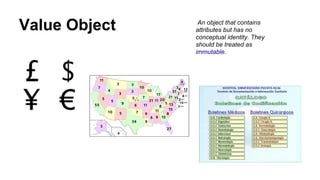 Value Object An object that contains
attributes but has no
conceptual identity. They
should be treated as
immutable.
 