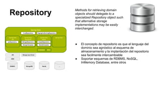Repository
Methods for retrieving domain
objects should delegate to a
specialized Repository object such
that alternative storage
implementations may be easily
interchanged.
● El concepto de repositorio es que el lenguaje del
dominio sea agnóstico al esquema de
almacenamiento y la implantación del repositorio
sea facilmente intercambiable
● Soportar esquemas de RDBMS, NoSQL,
InMemory Database, entre otros
 