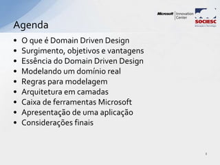• O que é Domain Driven Design
• Surgimento, objetivos e vantagens
• Essência do Domain Driven Design
• Modelando um domínio real
• Regras para modelagem
• Arquitetura em camadas
• Caixa de ferramentas Microsoft
• Apresentação de uma aplicação
• Considerações finais
Agenda
3
 