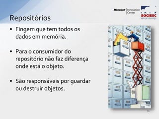 • Fingem que tem todos os
dados em memória.
• Para o consumidor do
repositório não faz diferença
onde está o objeto.
• São responsáveis por guardar
ou destruir objetos.
Repositórios
44
 