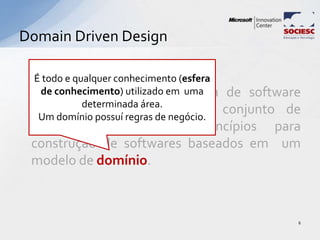 É uma abordagem de design de software
Disciplinada que reúne um conjunto de
conceitos, técnicas e princípios para
construção de softwares baseados em um
modelo de domínio.
Domain Driven Design
6
É todo e qualquer conhecimento (esfera
de conhecimento) utilizado em uma
determinada área.
Um domínio possuí regras de negócio.
 