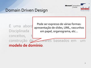 É uma abordagem de design de software
Disciplinada que reúne um conjunto de
conceitos, técnicas e princípios para
construção de softwares baseados em um
modelo de domínio.
Domain Driven Design
8
Pode ser expresso de várias formas:
apresentação de slides, UML, rascunhos
em papel, organograma, etc...
 