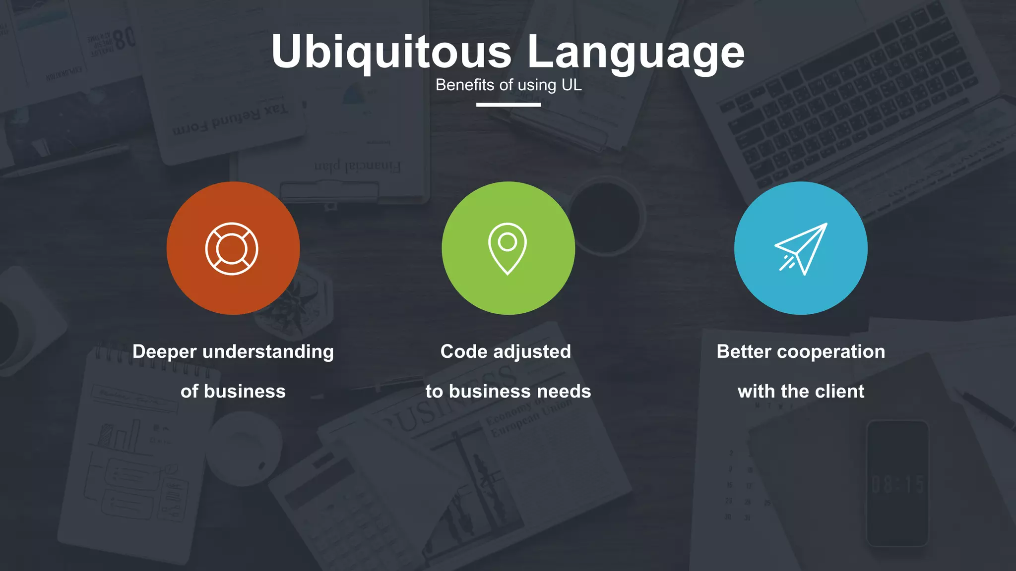 21
Deeper understanding
of business
Code adjusted
to business needs
Better cooperation
with the client
Ubiquitous LanguageBenefits of using UL
 