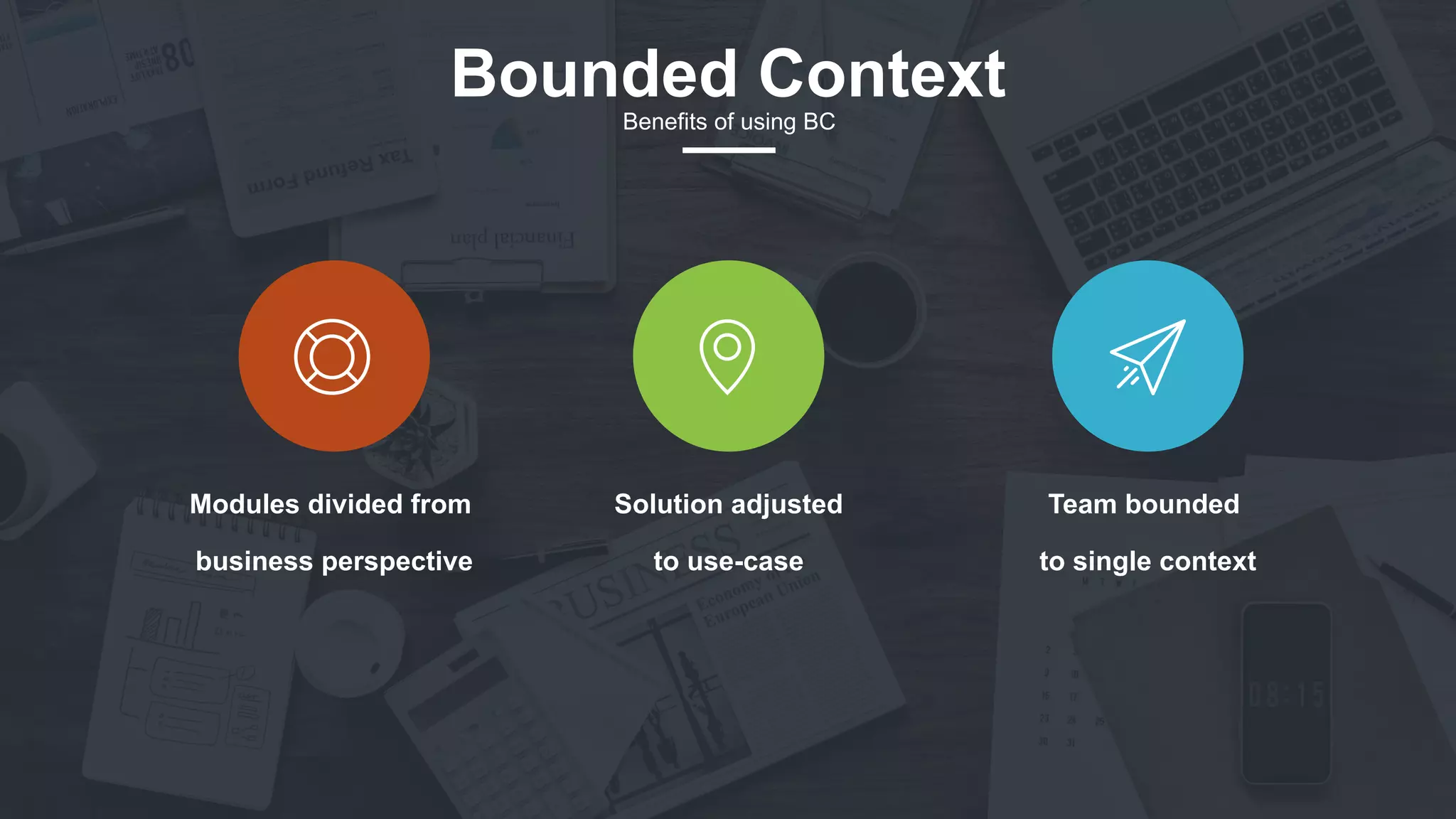 27
Modules divided from
business perspective
Solution adjusted
to use-case
Team bounded
to single context
Bounded ContextBenefits of using BC
 