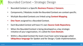 Bounded Context – Strategic Design
8/10/2018 (C) COPYRIGHT METAMAGIC GLOBAL INC., NEW JERSEY, USA 12
2
• Bounded Context is a Specific Business Process / Concern.
• Components / Modules inside the Bounded Context are context specific.
• Multiple Bounded Contexts are linked using Context Mapping.
• One Team assigned to a Bounded Context.
• Each Bounded Context will have it’s own Source Code Repository.
• When the Bounded Context is being developed as a key strategic
initiative of your organization, it’s called the Core Domain.
• Within a Bounded Context the team must have same language called
Ubiquitous language for Spoken and for Design / Code Implementation.
 