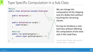 Type Specific Computation in a Sub Class
10 August 2018 28Source: http://www.javaworld.com/article/2078042/java-app-dev/domain-driven-design-with-java-ee-6.html
We can change the
computation of the shipping
cost of a Bulky Item without
touching the remaining
classes.
Its easy to introduce a new
Sub Class without affecting
the computation of the total
cost in the Load Class.
Domain Driven Design with Java EE 6
By Adam Bien | Javaworld
of
2
 