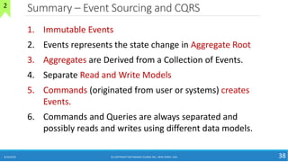 Summary – Event Sourcing and CQRS
8/10/2018 (C) COPYRIGHT METAMAGIC GLOBAL INC., NEW JERSEY, USA 38
2
1. Immutable Events
2. Events represents the state change in Aggregate Root
3. Aggregates are Derived from a Collection of Events.
4. Separate Read and Write Models
5. Commands (originated from user or systems) creates
Events.
6. Commands and Queries are always separated and
possibly reads and writes using different data models.
 