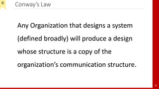 Conway’s Law
4
Any Organization that designs a system
(defined broadly) will produce a design
whose structure is a copy of the
organization’s communication structure.
0
 