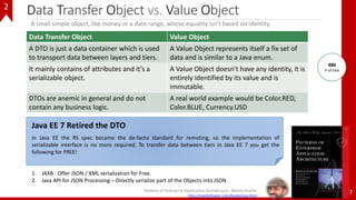 Data Transfer Object vs. Value Object
47
Data Transfer Object Value Object
A DTO is just a data container which is used
to transport data between layers and tiers.
A Value Object represents itself a fix set of
data and is similar to a Java enum.
It mainly contains of attributes and it’s a
serializable object.
A Value Object doesn't have any identity, it is
entirely identified by its value and is
immutable.
DTOs are anemic in general and do not
contain any business logic.
A real world example would be Color.RED,
Color.BLUE, Currency.USD
Patterns of Enterprise Application Architecture : Martin Fowler
http://martinfowler.com/books/eaa.html
A small simple object, like money or a date range, whose equality isn’t based on identity.
486
P of EAA
Java EE 7 Retired the DTO
In Java EE the RS spec became the de-facto standard for remoting, so the implementation of
serializable interface is no more required. To transfer data between tiers in Java EE 7 you get the
following for FREE!
1. JAXB : Offer JSON / XML serialization for Free.
2. Java API for JSON Processing – Directly serialize part of the Objects into JSON
2
 