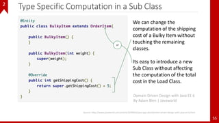 Type Specific Computation in a Sub Class
55
Source: http://www.javaworld.com/article/2078042/java-app-dev/domain-driven-design-with-java-ee-6.html
We can change the
computation of the shipping
cost of a Bulky Item without
touching the remaining
classes.
Its easy to introduce a new
Sub Class without affecting
the computation of the total
cost in the Load Class.
Domain Driven Design with Java EE 6
By Adam Bien | Javaworld
of
2
 