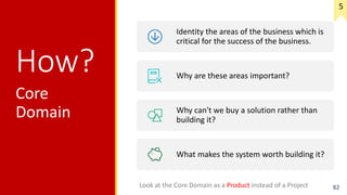 How?
Core
Domain
82
Identity the areas of the business which is
critical for the success of the business.
Why are these areas important?
Why can't we buy a solution rather than
building it?
What makes the system worth building it?
Look at the Core Domain as a Product instead of a Project
5
 