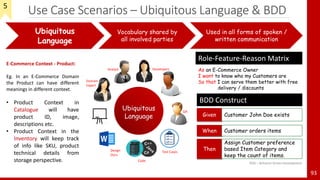 93
Ubiquitous
Language
Vocabulary shared by
all involved parties
Used in all forms of spoken /
written communication
Ubiquitous
Language
Domain
Expert
Analyst Developers
QA
Design
Docs
Test Cases
Code
E-Commerce Context - Product:
Eg. In an E-Commerce Domain
the Product can have different
meanings in different context.
• Product Context in
Catalogue will have
product ID, image,
descriptions etc.
• Product Context in the
Inventory will keep track
of info like SKU, product
technical details from
storage perspective.
Use Case Scenarios – Ubiquitous Language & BDD
As an E-Commerce Owner
I want to know who my Customers are
So that I can serve them better with free
delivery / discounts
Role-Feature-Reason Matrix
BDD – Behavior Driven Development
Given Customer John Doe exists
When Customer orders items
Then
Assign Customer preference
based Item Category and
keep the count of items.
BDD Construct
5
 