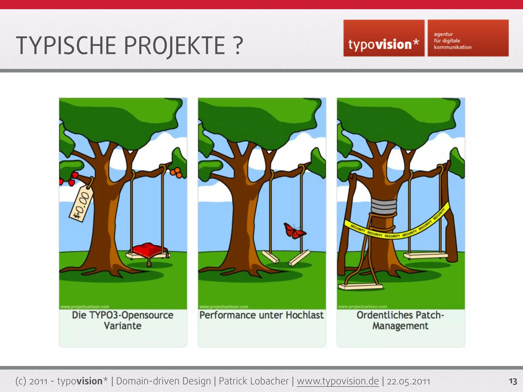 TYPISCHE PROJEKTE ?




(c) 2011 - typovision* | Domain-driven Design | Patrick Lobacher | www.typovision.de | 22.05.2011   13
 