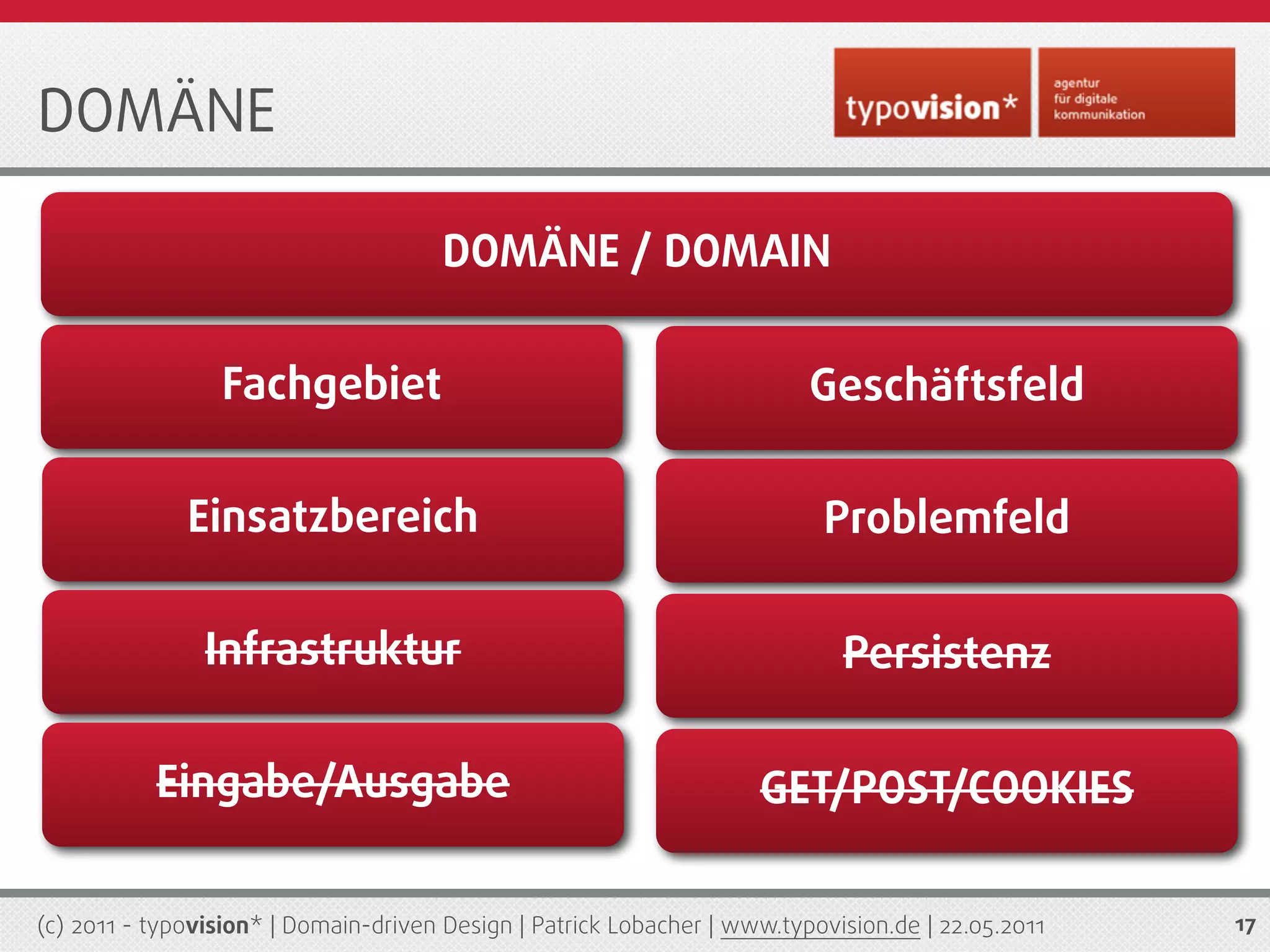 DOMÄNE

                                       DOMÄNE / DOMAIN

                 Fachgebiet                                               Geschäftsfeld

              Einsatzbereich                                               Problemfeld

                Infrastruktur                                                Persistenz

           Eingabe/Ausgabe                                           GET/POST/COOKIES

(c) 2011 - typovision* | Domain-driven Design | Patrick Lobacher | www.typovision.de | 22.05.2011   17
 