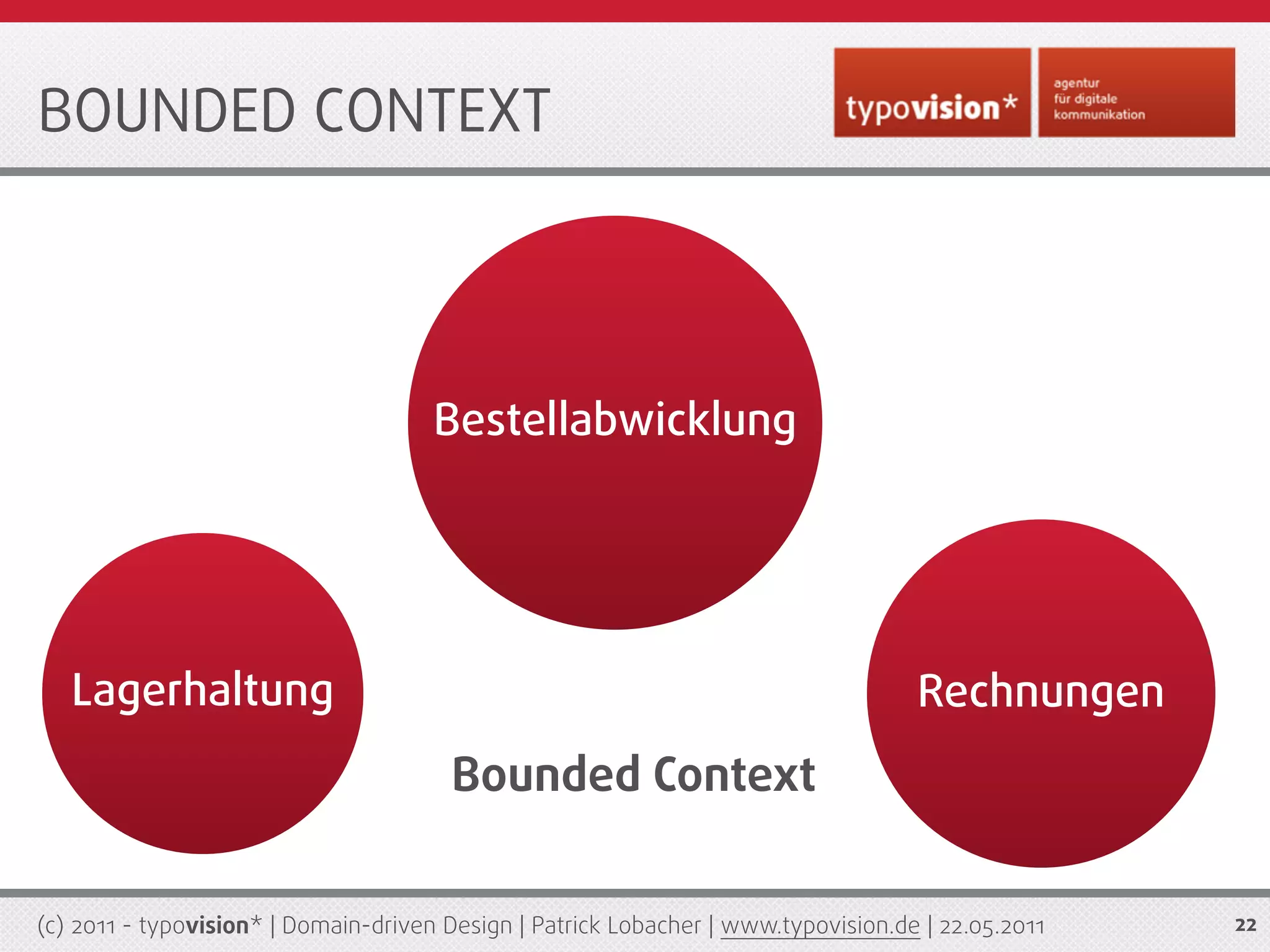 BOUNDED CONTEXT




                                      Bestellabwicklung




   Lagerhaltung                                                                     Rechnungen
                                       Bounded Context


(c) 2011 - typovision* | Domain-driven Design | Patrick Lobacher | www.typovision.de | 22.05.2011   22
 