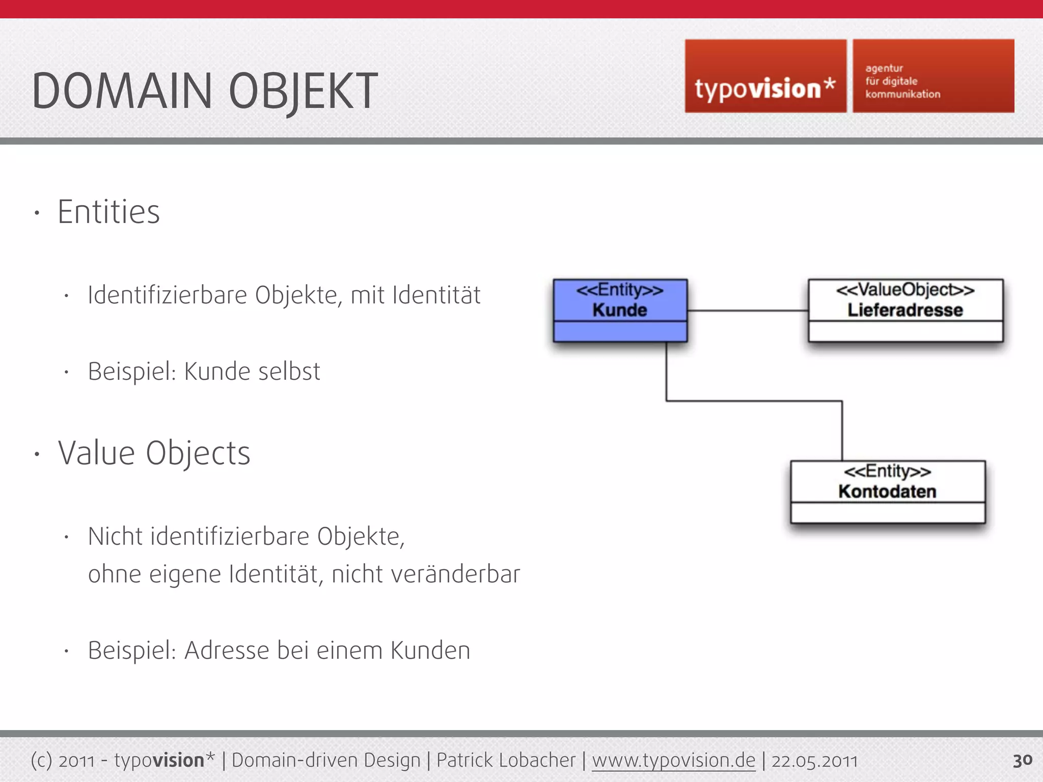 DOMAIN OBJEKT

•   Entities

    •   Identiﬁzierbare Objekte, mit Identität


    •   Beispiel: Kunde selbst


•   Value Objects

    •   Nicht identiﬁzierbare Objekte,
        ohne eigene Identität, nicht veränderbar


    •   Beispiel: Adresse bei einem Kunden



(c) 2011 - typovision* | Domain-driven Design | Patrick Lobacher | www.typovision.de | 22.05.2011   30
 