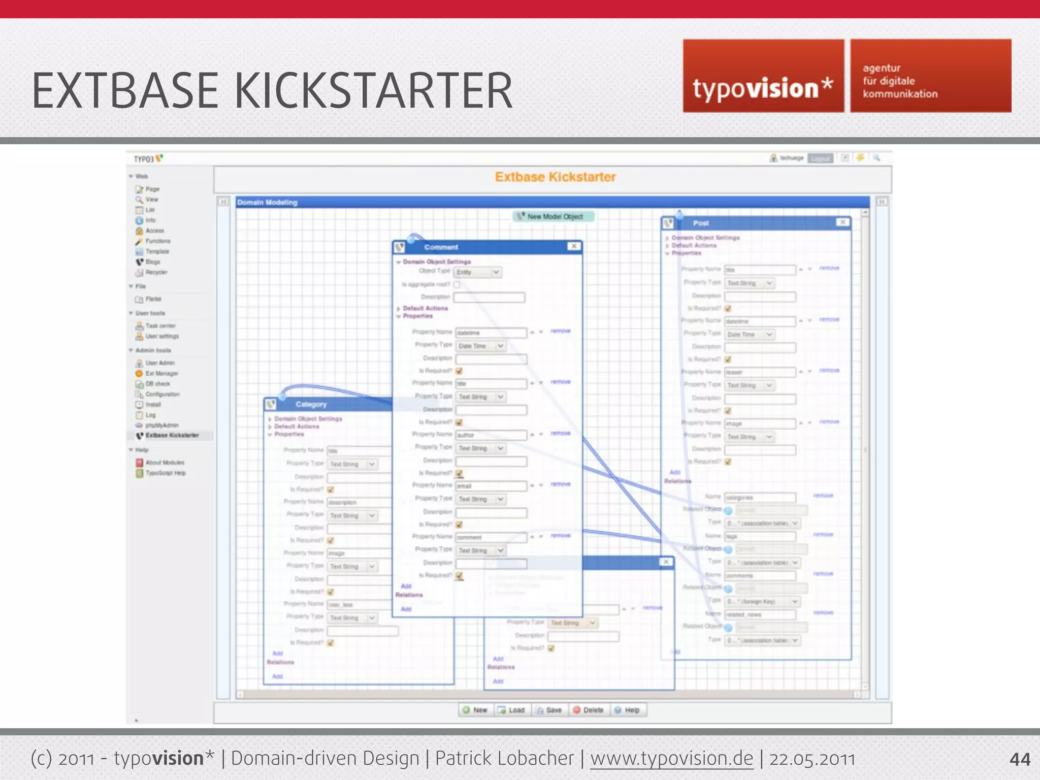 EXTBASE KICKSTARTER




(c) 2011 - typovision* | Domain-driven Design | Patrick Lobacher | www.typovision.de | 22.05.2011   44
 