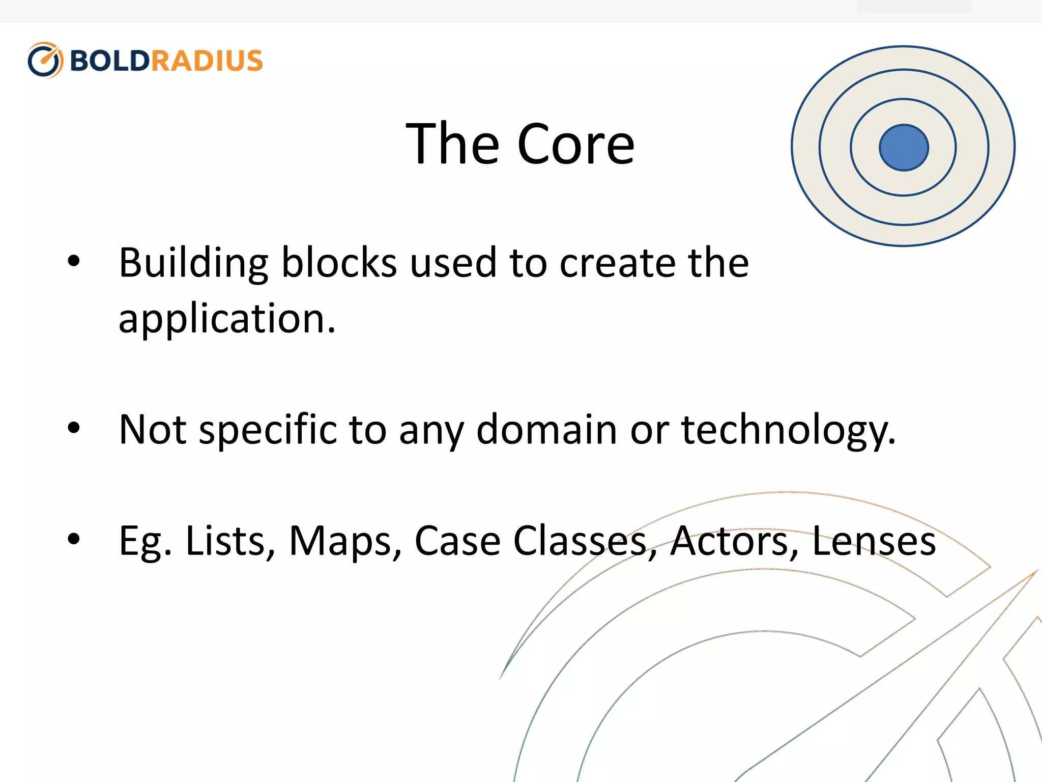 The Core 
• Building blocks used to create the 
application. 
• Not specific to any domain or technology. 
• Eg. Lists, Maps, Case Classes, Actors, Lenses 
 