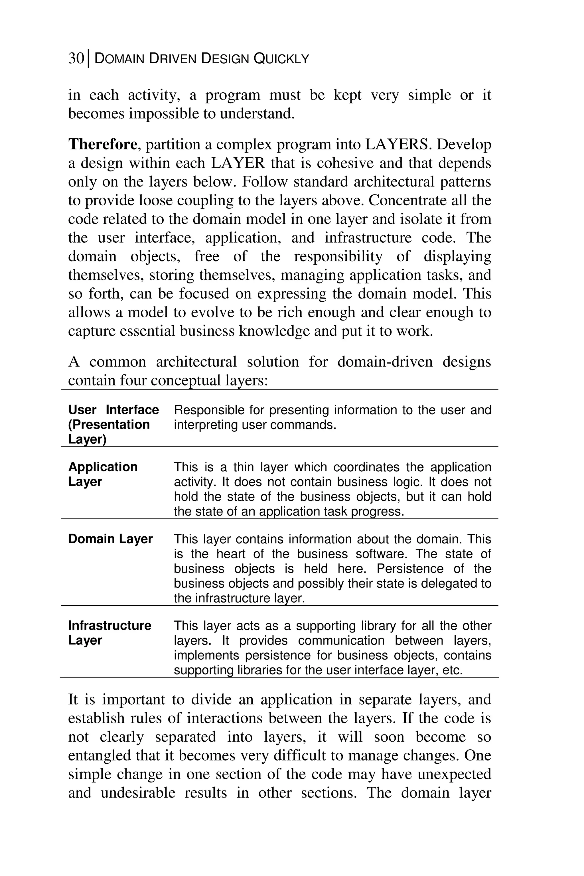 30│DOMAIN DRIVEN DESIGN QUICKLY
in each activity, a program must be kept very simple or it
becomes impossible to understand.
Therefore, partition a complex program into LAYERS. Develop
a design within each LAYER that is cohesive and that depends
only on the layers below. Follow standard architectural patterns
to provide loose coupling to the layers above. Concentrate all the
code related to the domain model in one layer and isolate it from
the user interface, application, and infrastructure code. The
domain objects, free of the responsibility of displaying
themselves, storing themselves, managing application tasks, and
so forth, can be focused on expressing the domain model. This
allows a model to evolve to be rich enough and clear enough to
capture essential business knowledge and put it to work.
A common architectural solution for domain-driven designs
contain four conceptual layers:
User Interface
(Presentation
Layer)
Responsible for presenting information to the user and
interpreting user commands.
Application
Layer
This is a thin layer which coordinates the application
activity. It does not contain business logic. It does not
hold the state of the business objects, but it can hold
the state of an application task progress.
Domain Layer This layer contains information about the domain. This
is the heart of the business software. The state of
business objects is held here. Persistence of the
business objects and possibly their state is delegated to
the infrastructure layer.
Infrastructure
Layer
This layer acts as a supporting library for all the other
layers. It provides communication between layers,
implements persistence for business objects, contains
supporting libraries for the user interface layer, etc.
It is important to divide an application in separate layers, and
establish rules of interactions between the layers. If the code is
not clearly separated into layers, it will soon become so
entangled that it becomes very difficult to manage changes. One
simple change in one section of the code may have unexpected
and undesirable results in other sections. The domain layer
 