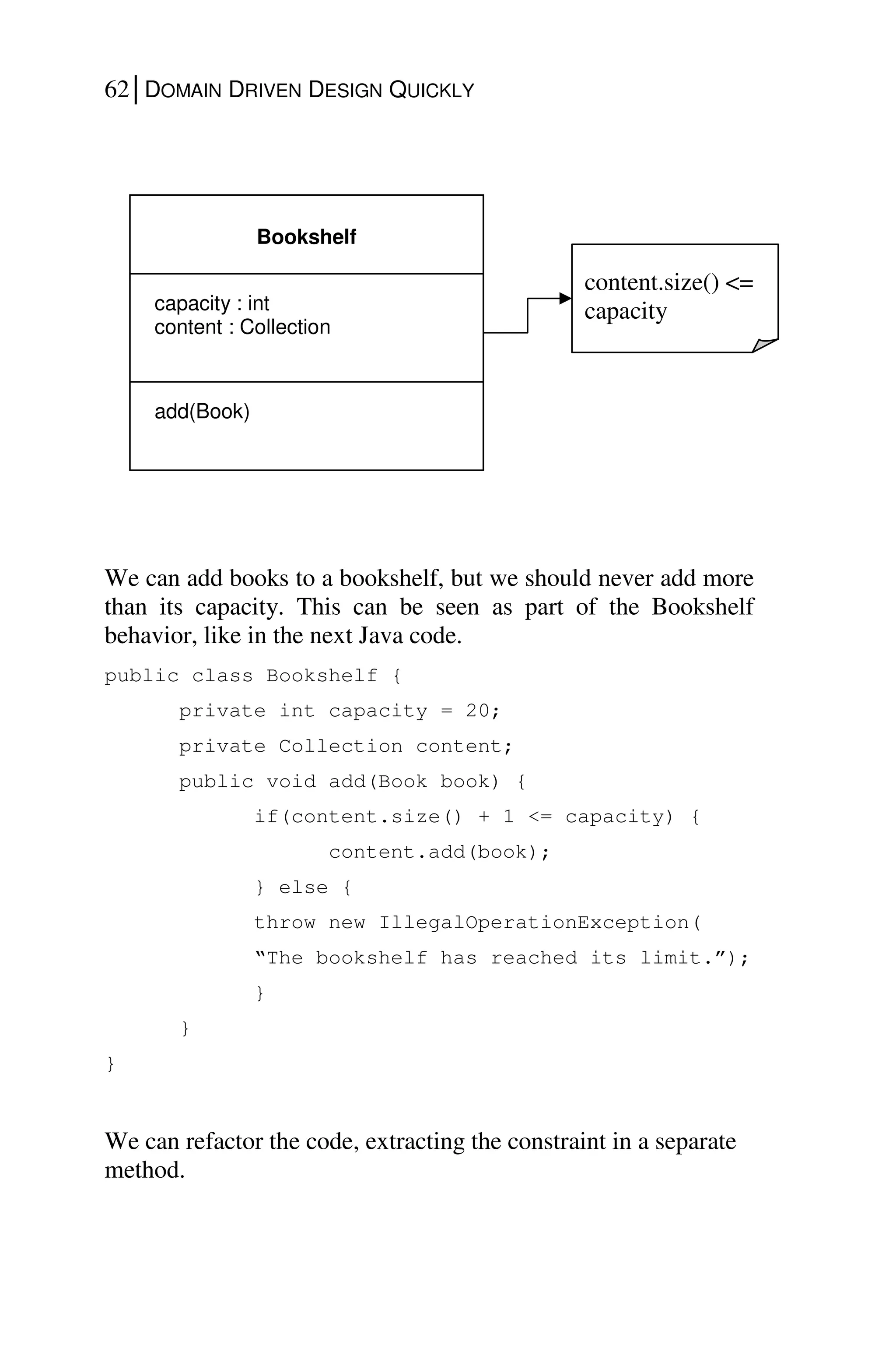 62│DOMAIN DRIVEN DESIGN QUICKLY
We can add books to a bookshelf, but we should never add more
than its capacity. This can be seen as part of the Bookshelf
behavior, like in the next Java code.
public class Bookshelf {
private int capacity = 20;
private Collection content;
public void add(Book book) {
if(content.size() + 1 <= capacity) {
content.add(book);
} else {
throw new IllegalOperationException(
“The bookshelf has reached its limit.”);
}
}
}
We can refactor the code, extracting the constraint in a separate
method.
Bookshelf
add(Book)
capacity : int
content : Collection
content.size() <=
capacity
 