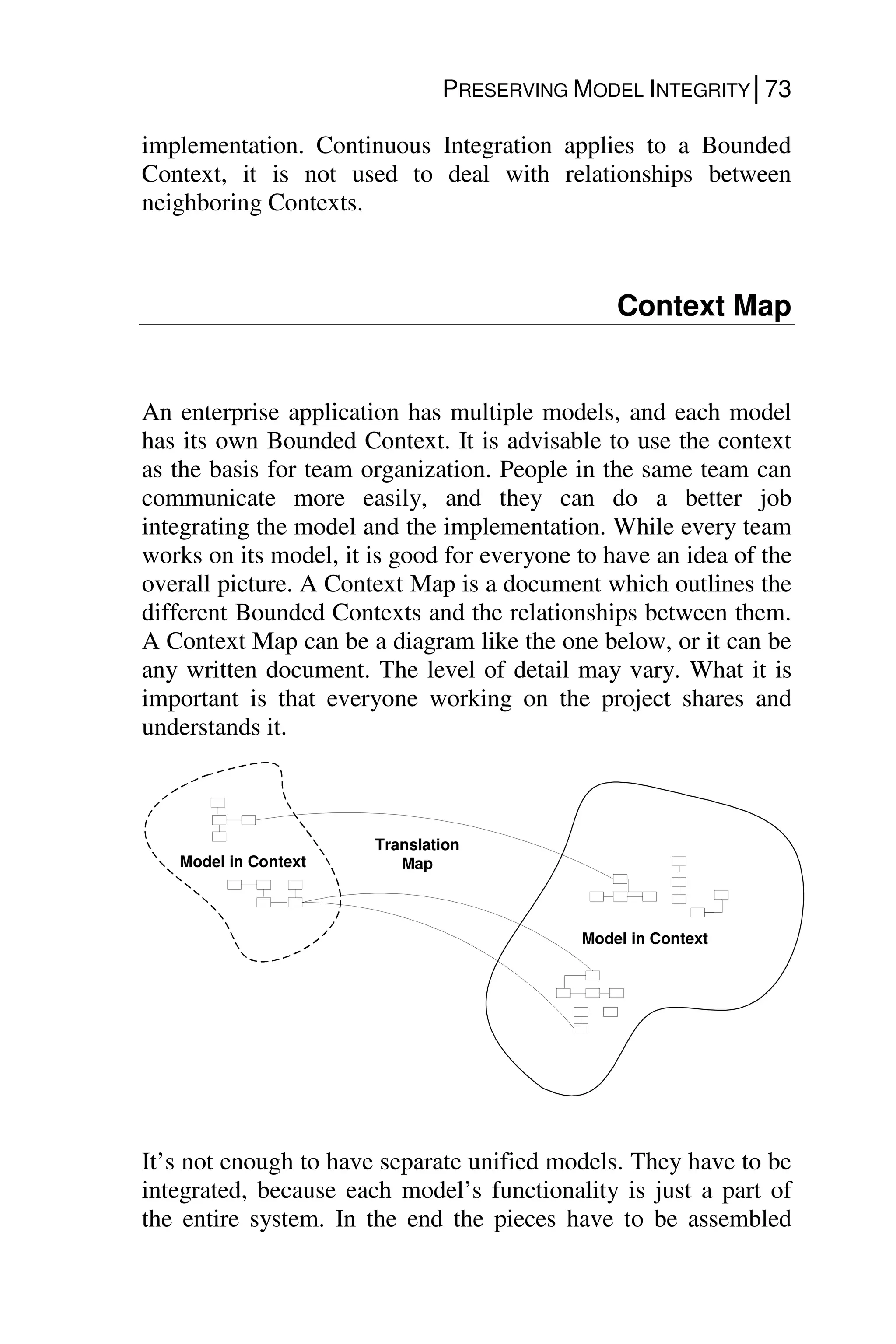 PRESERVING MODEL INTEGRITY│73
implementation. Continuous Integration applies to a Bounded
Context, it is not used to deal with relationships between
neighboring Contexts.
Context Map
An enterprise application has multiple models, and each model
has its own Bounded Context. It is advisable to use the context
as the basis for team organization. People in the same team can
communicate more easily, and they can do a better job
integrating the model and the implementation. While every team
works on its model, it is good for everyone to have an idea of the
overall picture. A Context Map is a document which outlines the
different Bounded Contexts and the relationships between them.
A Context Map can be a diagram like the one below, or it can be
any written document. The level of detail may vary. What it is
important is that everyone working on the project shares and
understands it.
Model in Context
Model in Context
Translation
Map
It’s not enough to have separate unified models. They have to be
integrated, because each model’s functionality is just a part of
the entire system. In the end the pieces have to be assembled
 