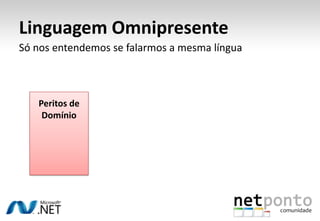 O que é DDD?Focalizar no modeloElaborar uma representação abstracta do domínio que nos ajude a cumprir o propósitoLinguagem omnipresenteOs peritos do domínio e os programadores partilham uma linguagem comumÉ Object-Oriented e combina bem com outras metodologias ágeisTDD, BDD, … Reduz complexidade/facilita manutenção.