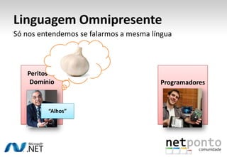 Linguagem OmnipresenteSó nos entendemos se falarmos a mesma língua Peritos de DomínioProgramadores“Alhos”