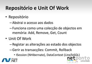 FactoryDiferentes tipos:StandaloneFactoryFactoryMethodUtil em aggregatesSituações em que temos um objecto com grande relação de proximidade sobre o outroAbstractFactoryBuilder (para fluent interfaces)