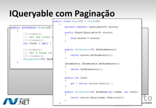 GenericRepositoryUma classe genérica para todos os AgregadosGetById<TId>(TIdid)Query<T>(Expression<Func<T, bool>> query)Insert<T>(T entity)Delete<T>(T entity)Ex: newRepository<Person, int>(…)GetById (20)Query (p => p.Idade > 20)Tipo EntidadeTipo Identificador