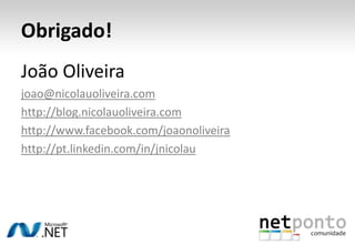 ReferênciasDomainDriven Design Communityhttp://domaindrivendesign.org/Apresentação Domaindriven Design - CatapultSystemshttp://www.slideshare.net/panesofglass/domain-driven-designUnitOfWork - MartinFowlerhttp://martinfowler.com/eaaCatalog/unitOfWork.htmlRepositories and IQueryable, the paging casehttp://thinkbeforecoding.com/post/2009/01/19/Repositories-and-IQueryable-the-paging-caseCQRS: Recording of an online class – Greg Younghttp://cqrsinfo.com/video/
