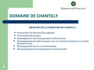 3
DOMAINE DE CHANTILLY
OBJECTIFS DE LA FONDATION DE CHANTILLY
 Restauration du Domaine (Sauvegarde)
 Transmission des Savoirs
 Développement de la fréquentation et des revenus
 Développement du public étranger avec les marchés émergents en priorité
(groupes séries)
 Développement du C.A. en Evénementiel
 Développement de la fréquentation du Grand Public
 