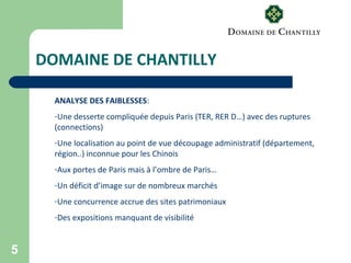 5
DOMAINE DE CHANTILLY
ANALYSE DES FAIBLESSES:
-Une desserte compliquée depuis Paris (TER, RER D…) avec des ruptures
(connections)
-Une localisation au point de vue découpage administratif (département,
région..) inconnue pour les Chinois
-Aux portes de Paris mais à l’ombre de Paris…
-Un déficit d’image sur de nombreux marchés
-Une concurrence accrue des sites patrimoniaux
-Des expositions manquant de visibilité
 