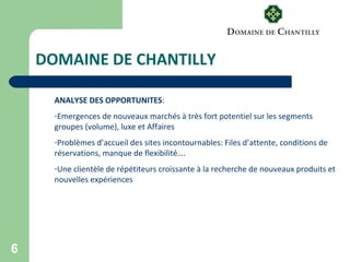 6
DOMAINE DE CHANTILLY
ANALYSE DES OPPORTUNITES:
-Emergences de nouveaux marchés à très fort potentiel sur les segments
groupes (volume), luxe et Affaires
-Problèmes d’accueil des sites incontournables: Files d’attente, conditions de
réservations, manque de flexibilité….
-Une clientèle de répétiteurs croissante à la recherche de nouveaux produits et
nouvelles expériences
 