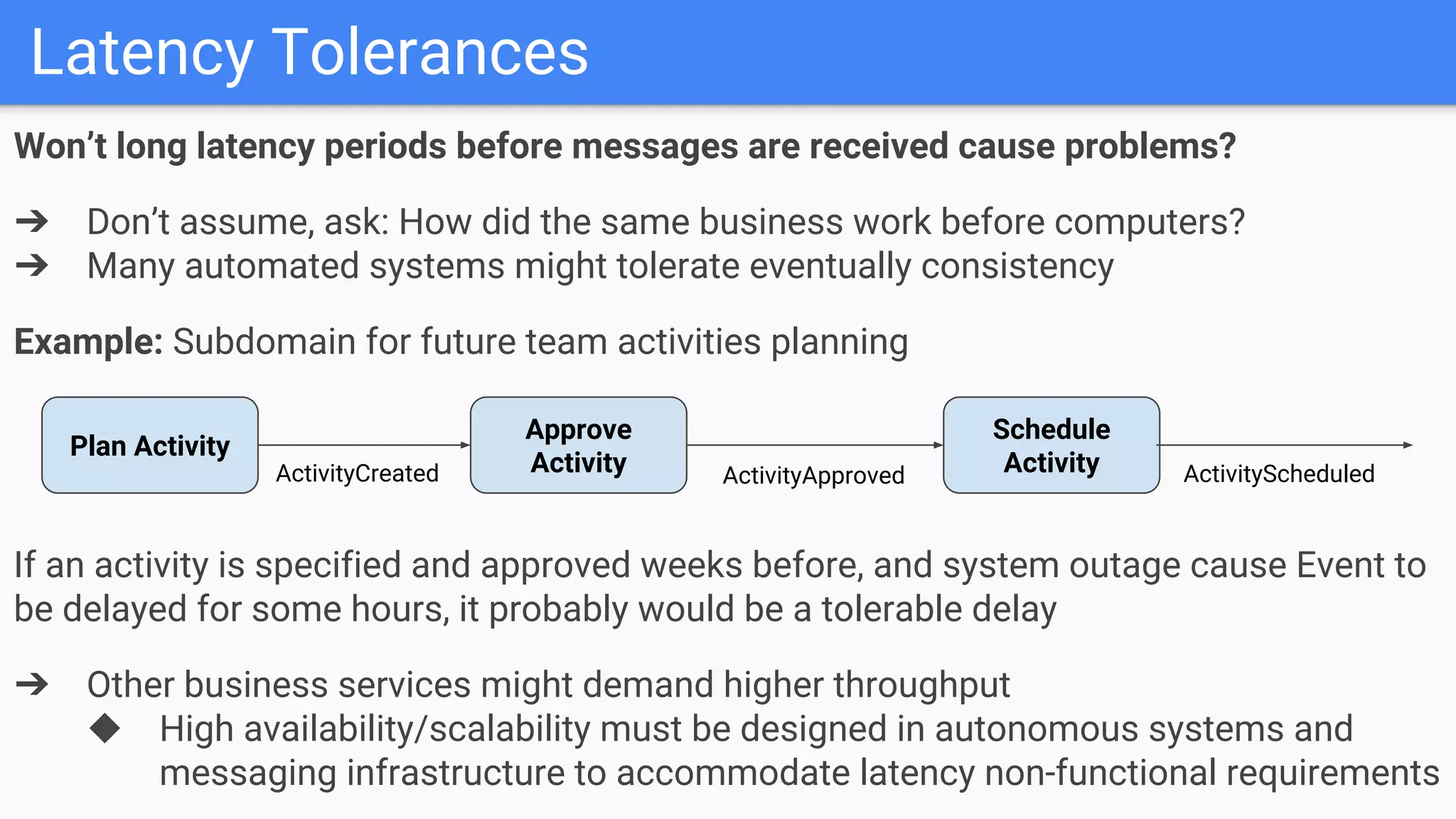 Latency Tolerances
Won’t long latency periods before messages are received cause problems?
➔ Don’t assume, ask: How did the same business work before computers?
➔ Many automated systems might tolerate eventually consistency
Example: Subdomain for future team activities planning
Plan Activity
Approve
Activity
Schedule
ActivityActivityCreated ActivityScheduledActivityApproved
If an activity is specified and approved weeks before, and system outage cause Event to
be delayed for some hours, it probably would be a tolerable delay
➔ Other business services might demand higher throughput
◆ High availability/scalability must be designed in autonomous systems and
messaging infrastructure to accommodate latency non-functional requirements
 