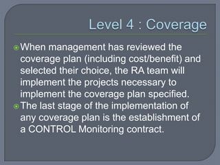 Level 4 : Coverage When management has reviewed the coverage plan (including cost/benefit) and selected their choice, the RA team will implement the projects necessary to implement the coverage plan specified. The last stage of the implementation of any coverage plan is the establishment of a CONTROL Monitoring contract.  