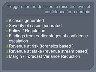 Triggers for the decision to raise the level of confidence for a domain # cases generated Severity of cases generated Policy  / Regulation Findings from earlier stages of confidence escalation Revenue at risk (forensics based ) Revenue at stake (revenue stream based) Margin / Forecast Variance Reduction 