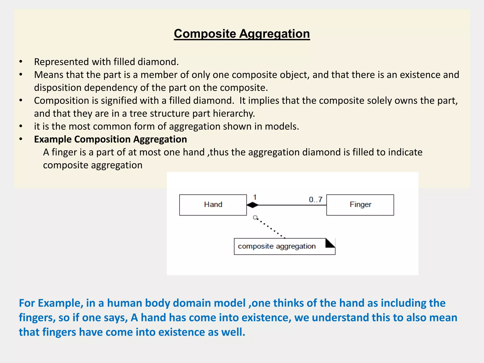 Composite Aggregation
• Represented with filled diamond.
• Means that the part is a member of only one composite object, and that there is an existence and
disposition dependency of the part on the composite.
• Composition is signified with a filled diamond. It implies that the composite solely owns the part,
and that they are in a tree structure part hierarchy.
• it is the most common form of aggregation shown in models.
• Example Composition Aggregation
A finger is a part of at most one hand ,thus the aggregation diamond is filled to indicate
composite aggregation
For Example, in a human body domain model ,one thinks of the hand as including the
fingers, so if one says, A hand has come into existence, we understand this to also mean
that fingers have come into existence as well.
 