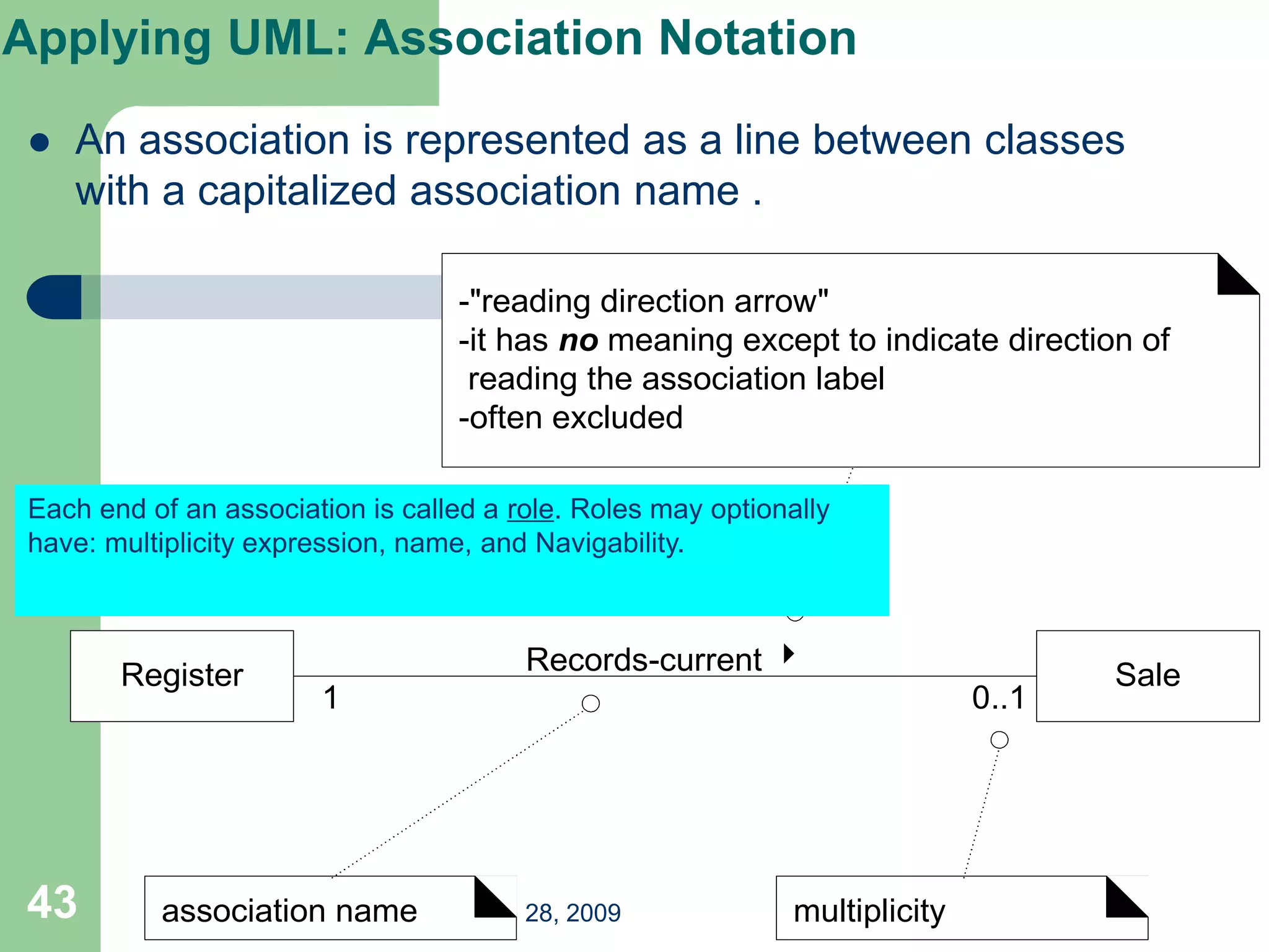 Jan 28, 2009
43
Applying UML: Association Notation
 An association is represented as a line between classes
with a capitalized association name .
Sale
Register Records-current 
0..1
1
association name multiplicity
-"reading direction arrow"
-it has no meaning except to indicate direction of
reading the association label
-often excluded
Each end of an association is called a role. Roles may optionally
have: multiplicity expression, name, and Navigability.
 
